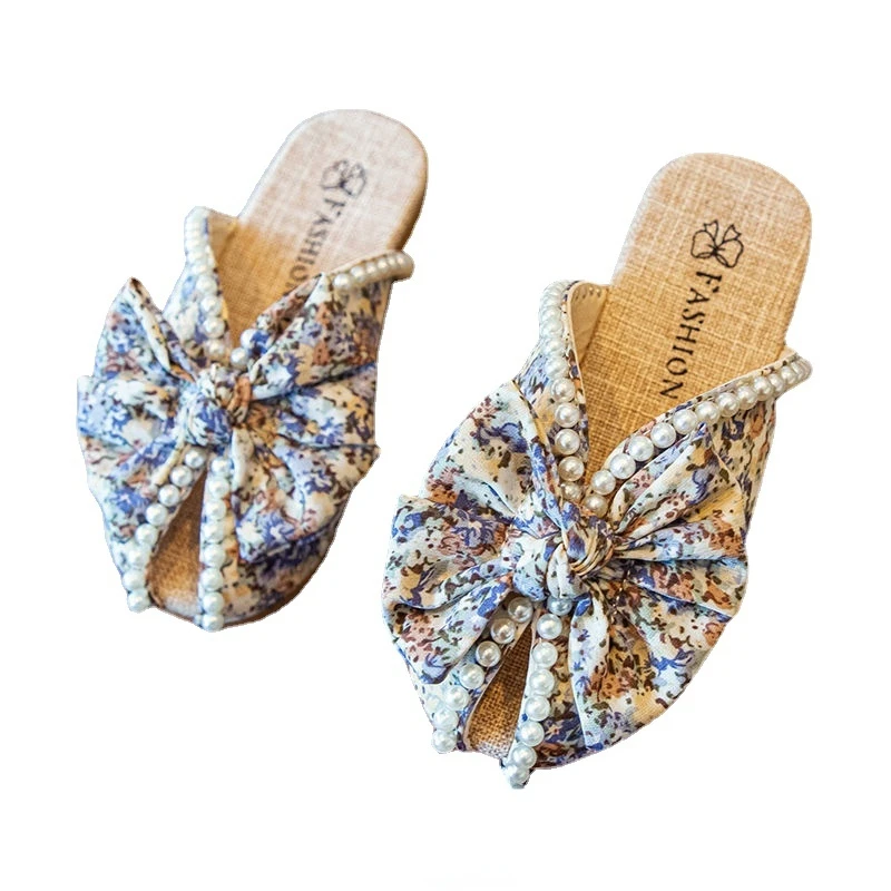 

Girls Pearl Bow Fish Toe Slippers Summer Soft Bottom Girls Princess Shoes Student Korean Flat Slippers Kids Baby Girl Shoes