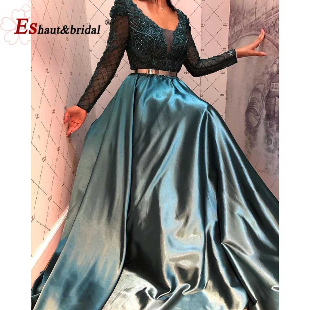 

Elegant Lace Beads Evening Night Dresses for Women 2022 Long Sleeves V Neck Aline Satin Formal Wedding Prom Party Gowns