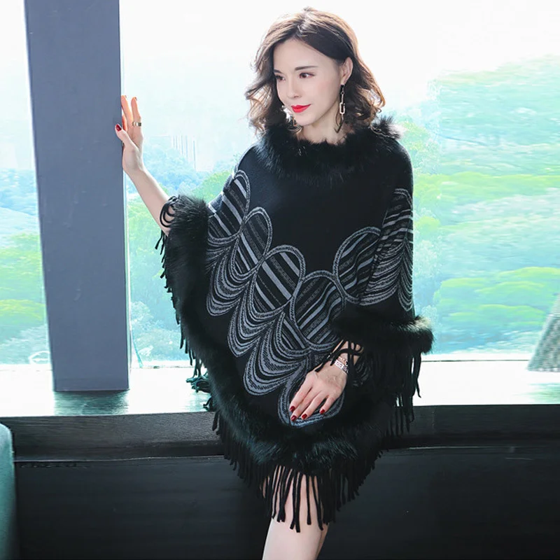 

#1132 Batwing Cape Coat Women Fur Collar Outerwear Ponchos And Capes Laides Loose Pullovers Irregular Cape Femme Poncho Warm