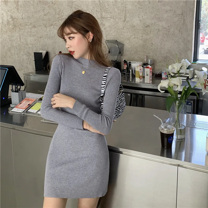 

White Ribbed Knitted Bodycon Mini Dress Women Winter Long Sleeve Turtleneck Sweater Robe Korean Clothes Japanese Female Vestido