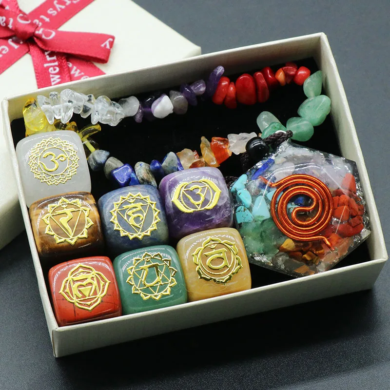 Chakra 7pcs Symbol Tumbles Natural Crystal gravel bracelets with Resin Necklace Yoga Medition Reiki Energy gemstones gift box