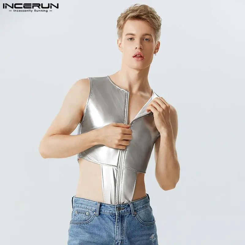 

Fashion Men Bodysuits 2023 Shiny Zipper O-neck Sleeveless Solid Color Men Rompers Fitness Party Sexy Male Bodysuit S-5XL INCERUN