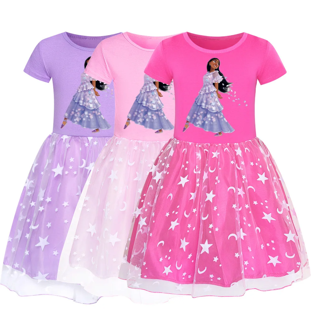 

2022 Summer Girls Tutu Dress New Movie Encanto Princess Lace Costume Clothing Tshirts Kids Birthday Gift Party Dress