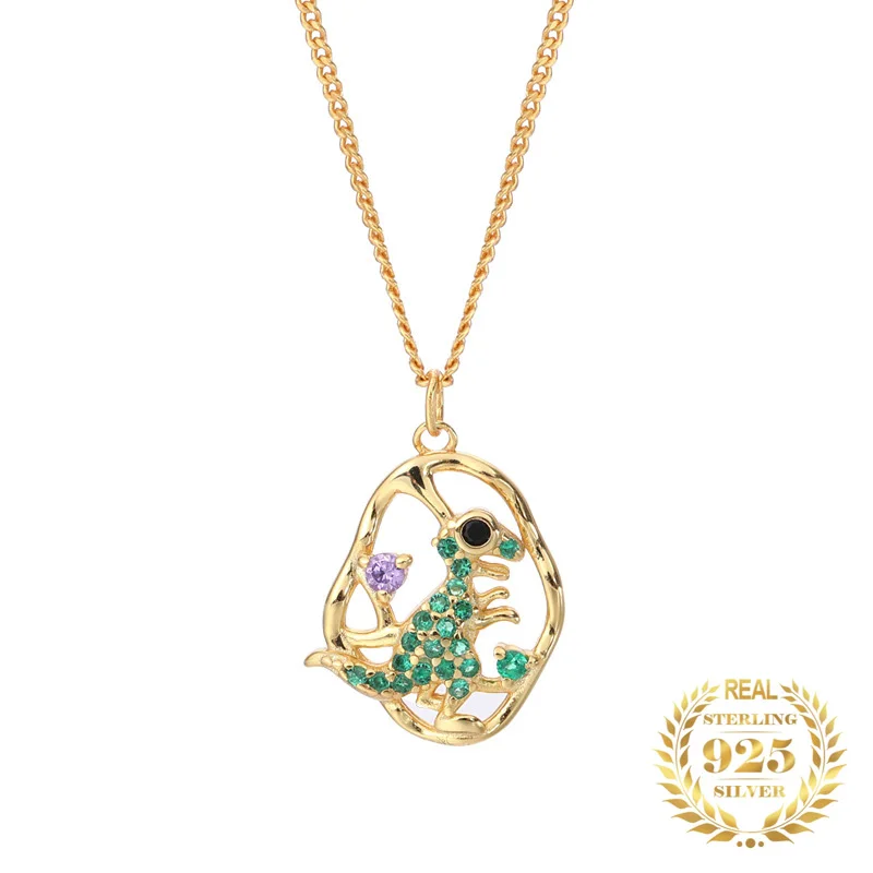 

European Fashion Jewelry Colorful Zircon Hollow Dinosaur Pendant Necklace Women 925 Sterling Silver Gold Plated