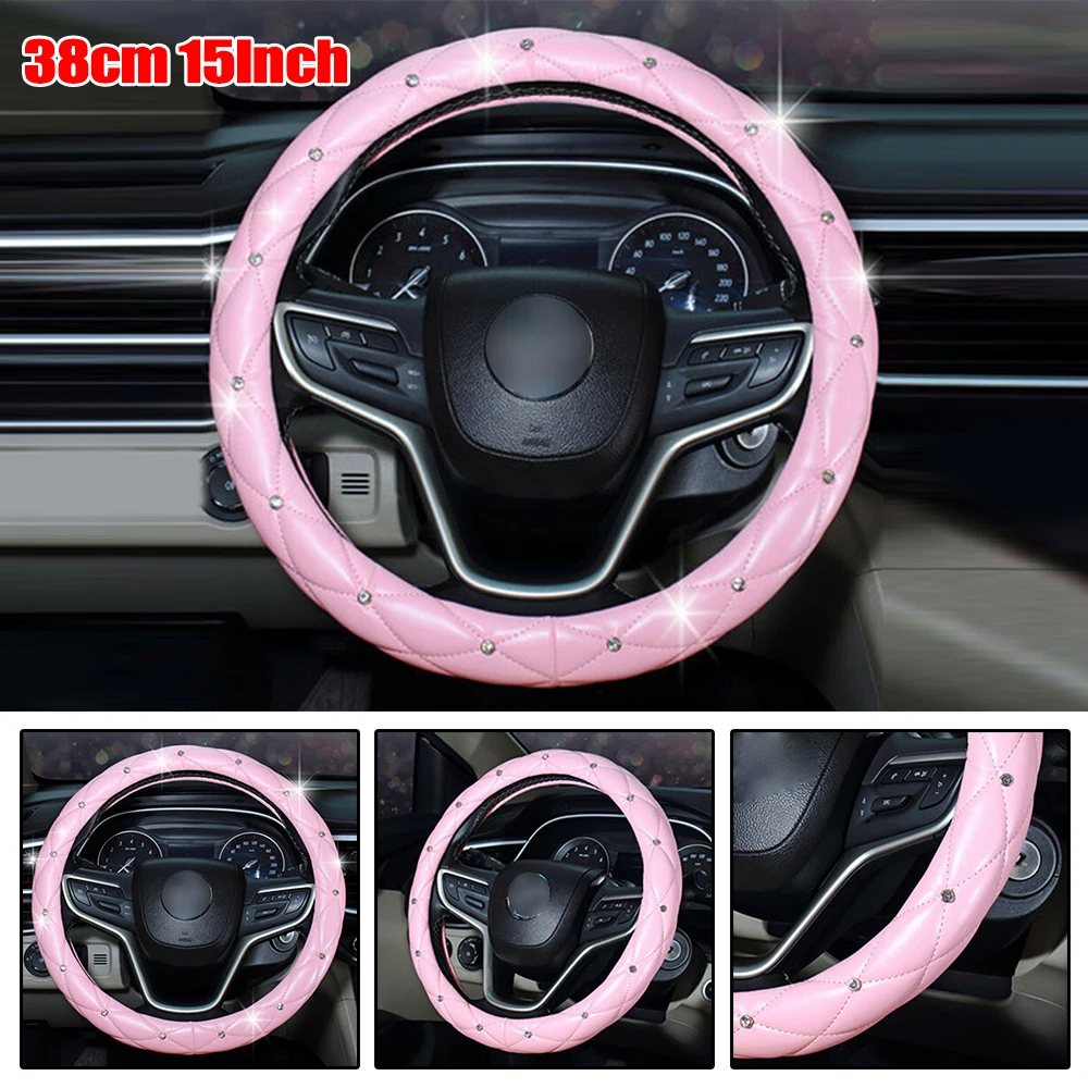 

Pink Car Steering Wheel Cover 38cm/15Inch PU Leather Bling Crystal Rhinestone Interior Decor Accessories Universal