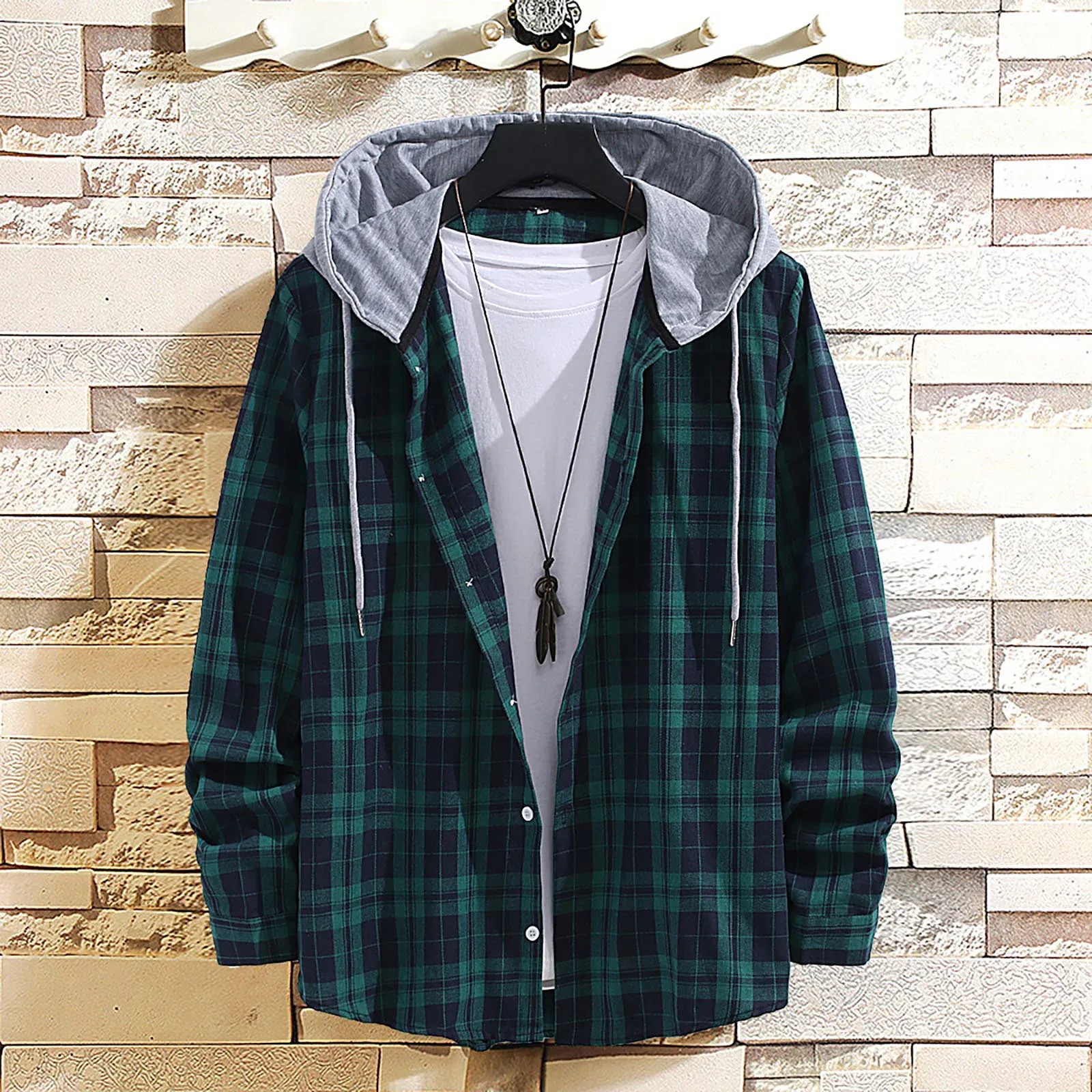

2022 Top Fashion Plaid Shirt Men's Plaid Stitching Contrast Printing Loose Lapel Hooded Casual Long Sleeve Checkered Male Shirt