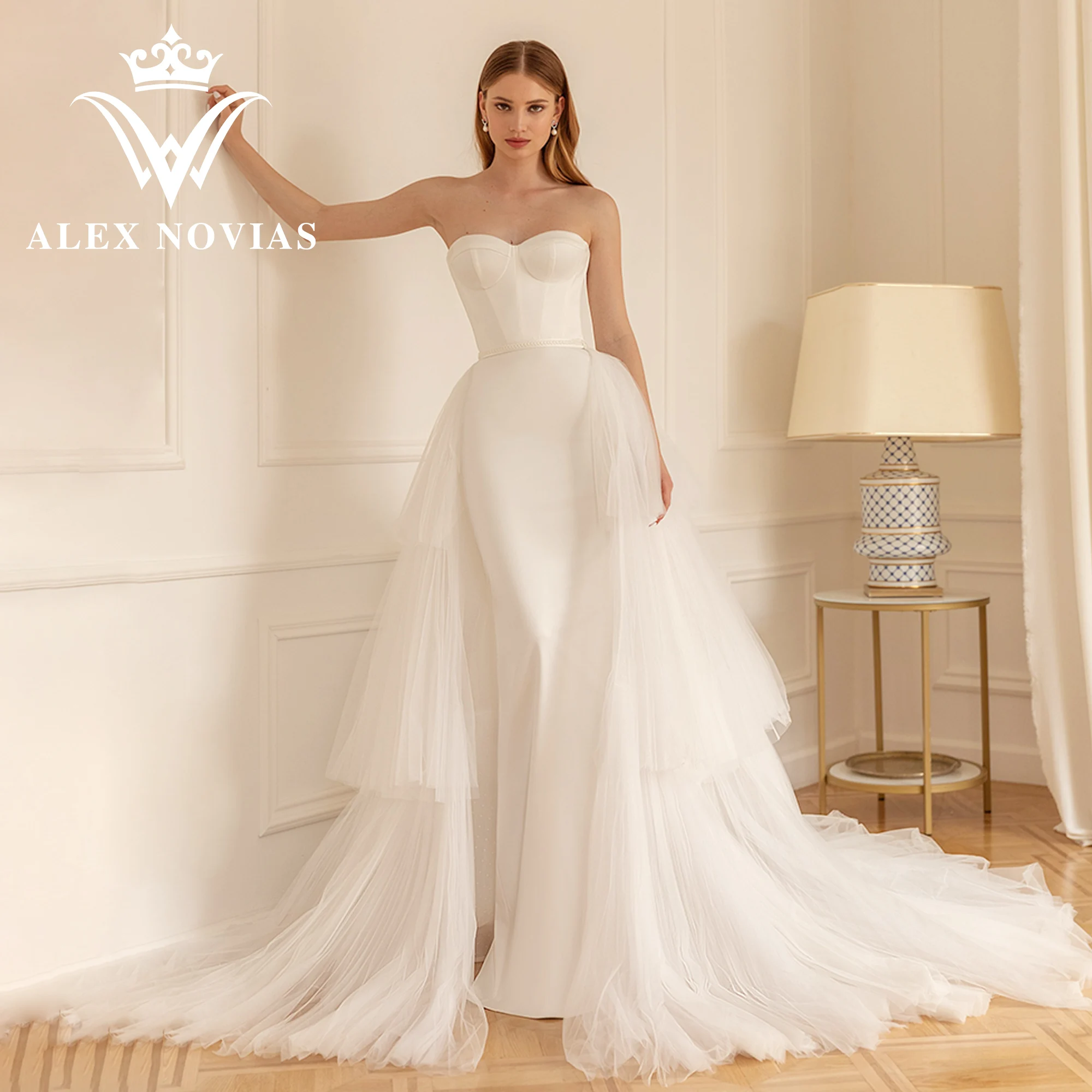 

Свадебное атласное платье с юбкой-годе ALEX NOVIAS, приталенное свадебное платье со съемным шлейфом для мечты, 2023