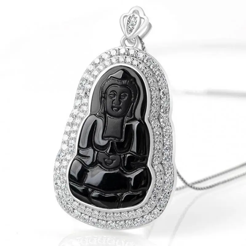 

Ожерелье гуанин из натурального черного нефрита из Мьянмы, серебро 925 пробы для мужчин и женщин, ожерелья с подвесками из натурального бирманского нефрита Гуань Инь