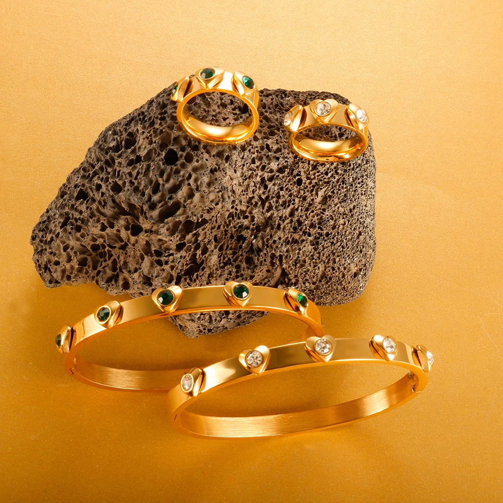 

Colorful Zircon Love Heart Charm Cuff Bangle Bracelet Green White Crystal Ring For Women Wedding Jewelry Set