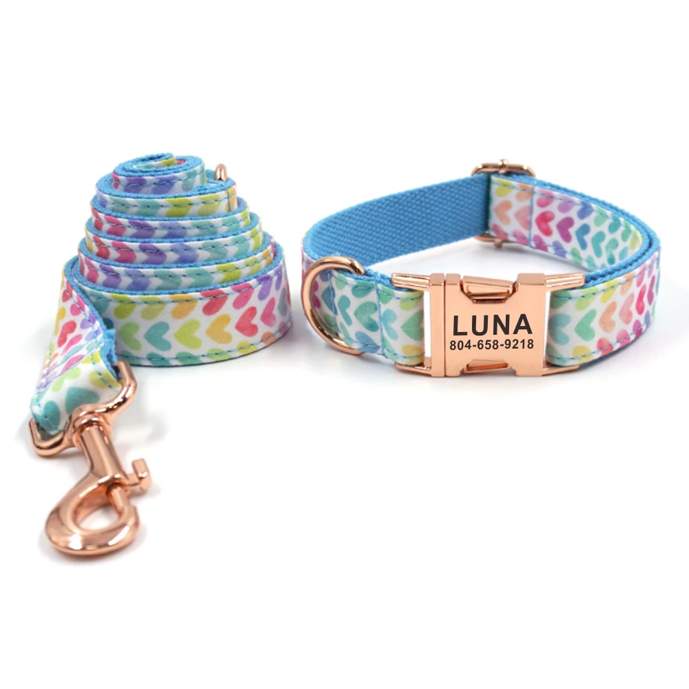 Personalized Dog Collar Customized Pet Collars Engraving ID Nameplate Tag Pet Accessory Rainbow Heart Puppy Collar Leash Set