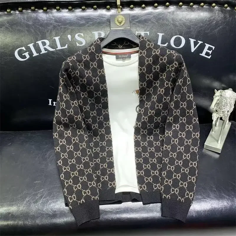 Модный брендовый уникальный жаккардовый кардиган с надписью свитер мужской