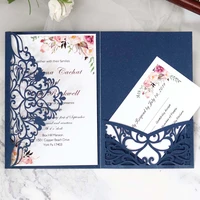 100 pieceslot laser cut floral navy blue wedding invitations customized print tri fold xv birthday greeting rsvp card ic059