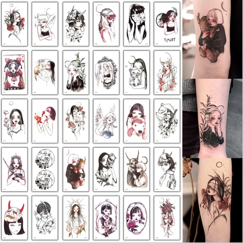 

30 шт./лот темные девушки японские Временные Татуировки женские рукава на запястье лодыжки татуировки наклейки маленькие цветы гейши слова ...