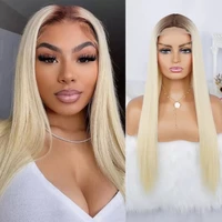 613 long straight blonde brown roots wig synthetic blonde wigs for women glueless hairline ombre brown wigs heat resistant fiber