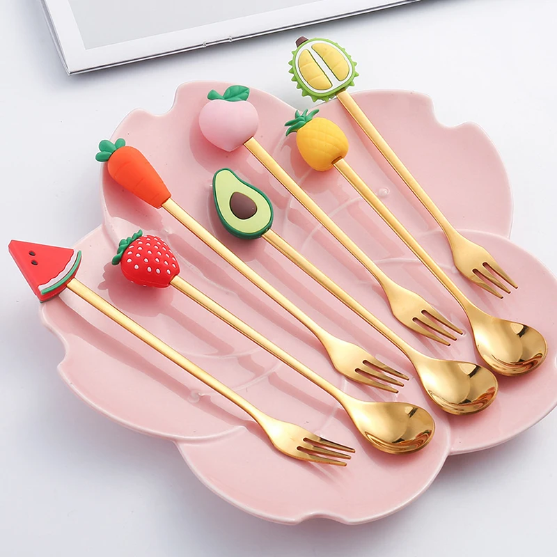 

Stainless Steel Spoon Fork Cartoon Fruit Macaron Dessert Spoons Fruit Forks Kids Set Kitchen Accessories