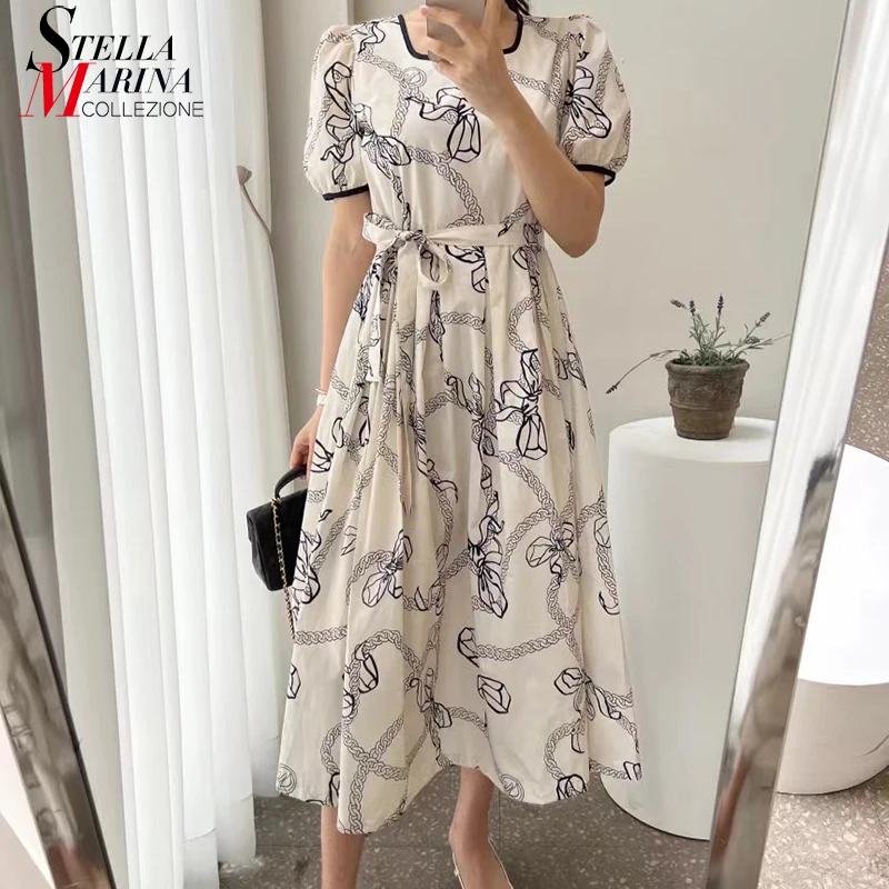 

New Short-Sleeve Square Collar A-Line Sashes Pin Up Woman Summer Casual Dress Printed Girls Long Cute Wear Dresses Robe JA099