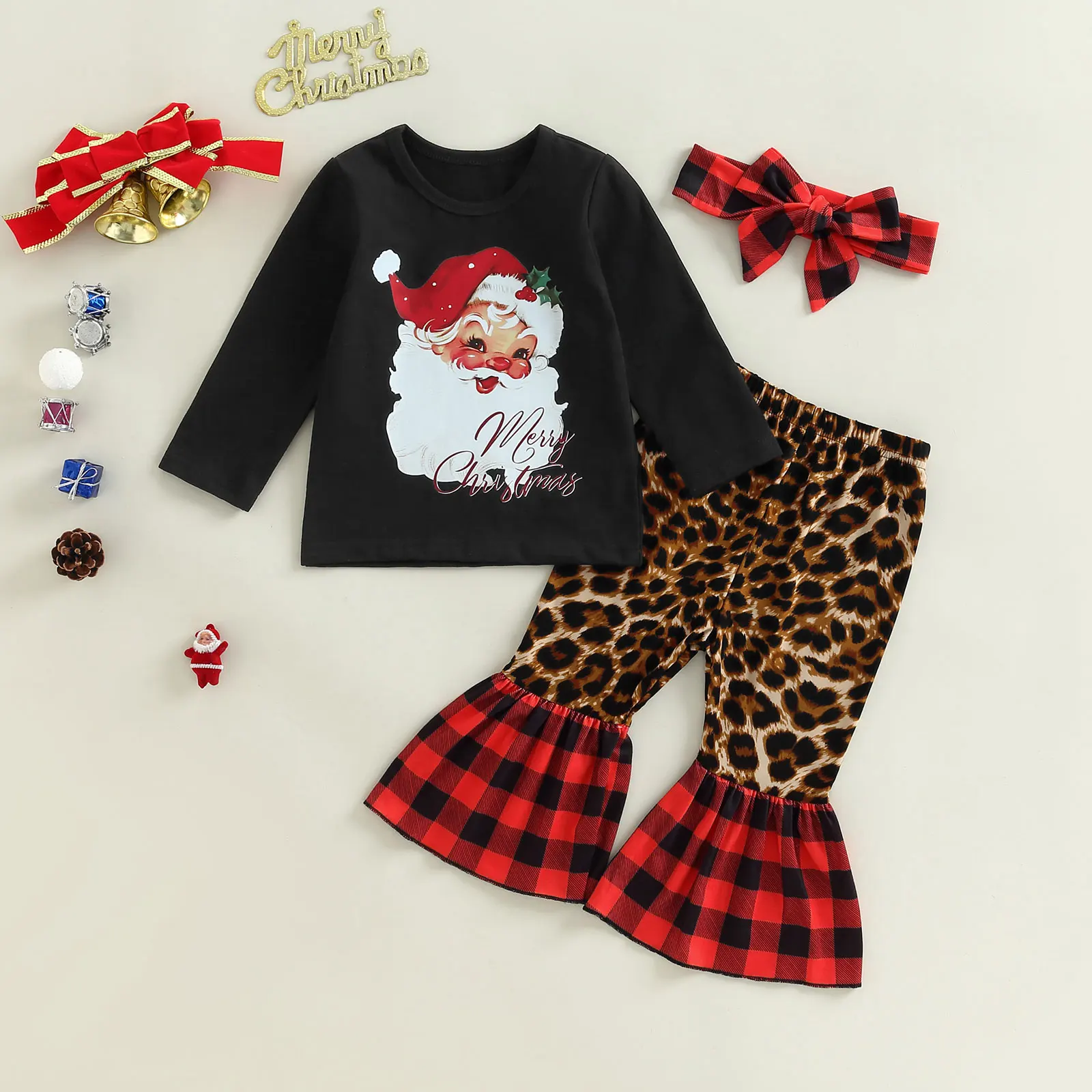 

TR New Autumn Christmas Toddler Baby Girls Outfit Letter Print T-Shirts Tops + Leopard Print Plaid Flare Pants + Headband Set