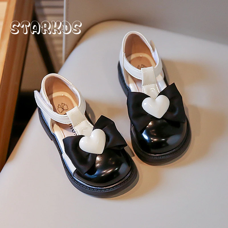 Enlarge Classic Black White Design Princess Shoes Girl Summer Thick Sole Bowtie Sandals Children Heart Buckle T-Strap Mary Jane Zapatos