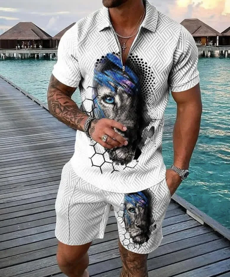 Men's Suit Summer New 3D Printing Digital Printing Casual Color Contrast POLO Zipper Lapel Shirt Short Sleeve Suit