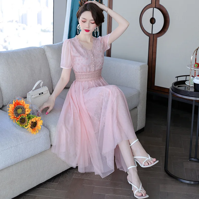 

Summer New Solid Short Sleeve Chiffon Skirt V-Neck Waist Wrap for a Slim and Elegant Lace Dress