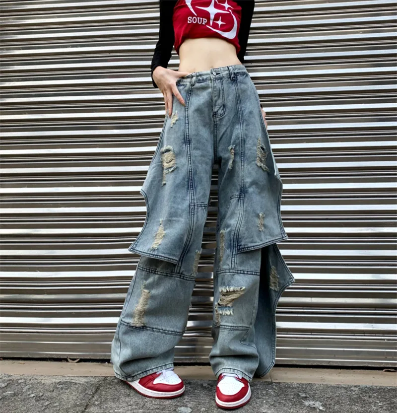 S-4XL High street trousers straight leg jeans men beggars ripped trousers High Waist Loose Wide Leg Pants Ladies Jeans