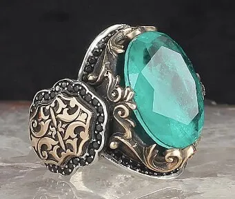 

Sterling Silver Man Ring Natural Stone(Paraiba) Ottoman Silver,Handmade 925k Made in Turkey Outstanding Gift