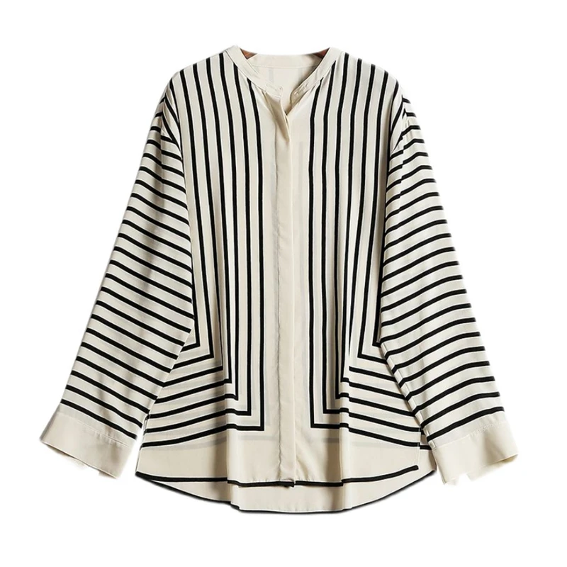 

Blouse Women Lazy Style 100% Silk Symmetry Striped Printed Long Raglan Sleeve High Quality Ladies Straight Top Shirt New Fashion