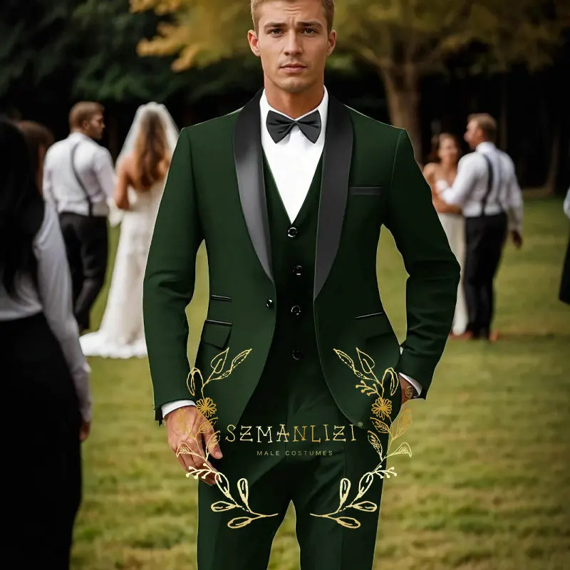 Фото Формальные темно-зеленые мужские костюмы Slim Fit из 3-х предметов смокинг жениха с шалью и лацканами Блейзер Брюки Комплект свадебных женихов Выпускной Мужская мужская одежда №1