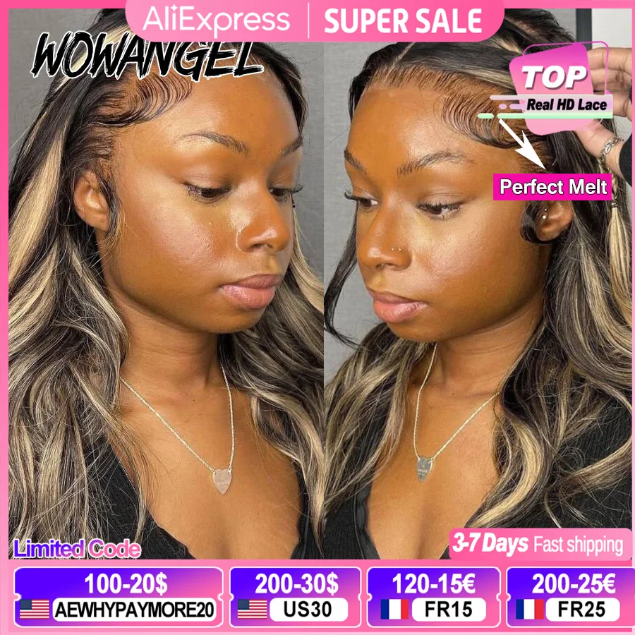 Wow Angel 1B27 Ombre Highlight 13x6 HD Lace Front Wigs Glueless Body Wave Pre plucked Ready to Wear Human Hair Wigs For Woman