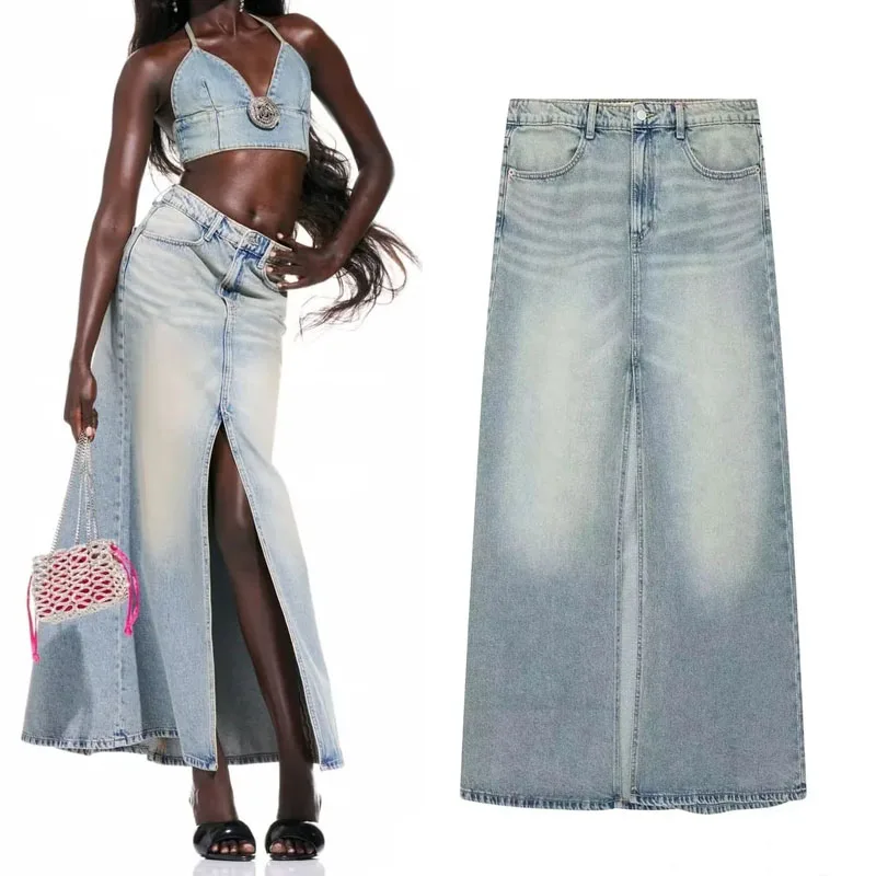 

TRAF Long Skirts For Women Fashion 2023 Vintage Zip Fly Faded Maxi Skirt Sweet Blue Split Mid-Rise Denim Skirt Summer Skirt Sets