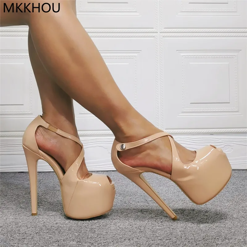 

MKKHOU Fashion Sandals Women New Sexy Fish Mouth Shoes Cross Straps Platform Shoes Stiletto 16cm High Heels Apricot Women Shoes