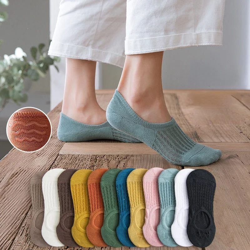 

5 pair Women Solid Color Invisible Boat Socks Silicone Non-slip Chaussette Ankle Low Female Cotton Mesh Breathable Leisure Socks