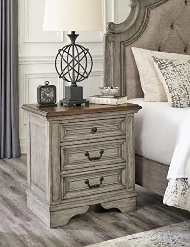 

Traditional Cottage 1 Drawer Nightstand with Dovetail Construction & Open Display Shelf, Chipped White, Distressed Brown Table t