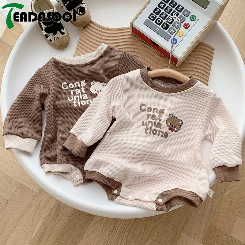 

One-pieces Infant Kids Overalls Toddler Bodysuits 0-24M Autumn New In Newborn Baby Girls Girls Full Sleeve Cartoon Bear Waffle