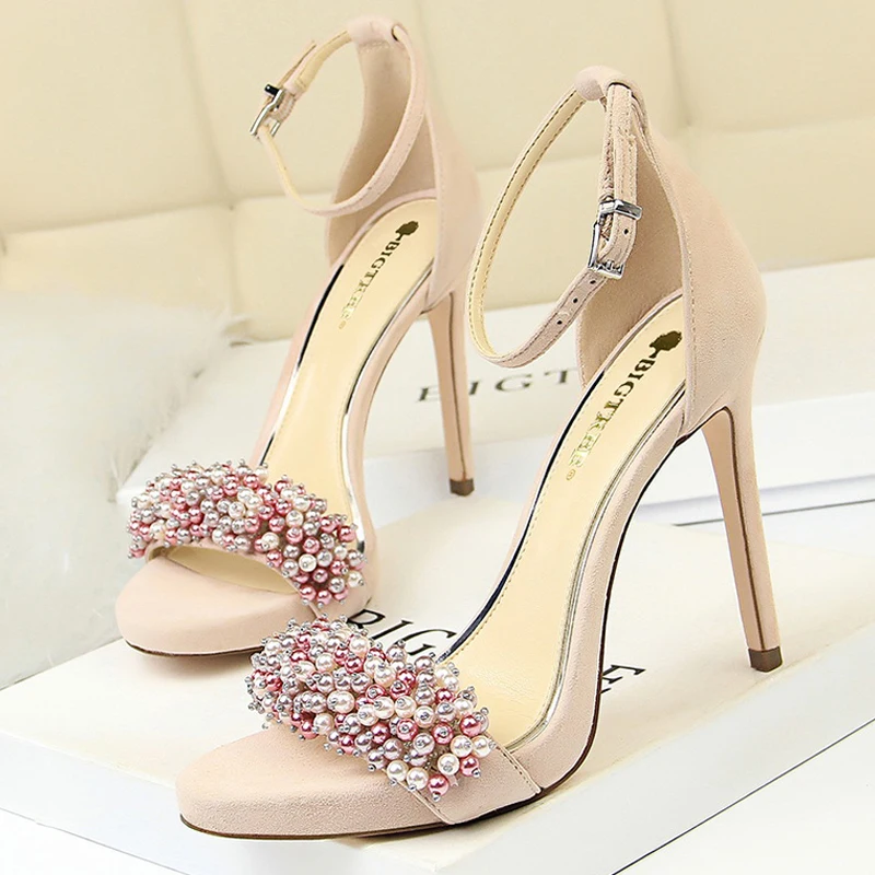 CINESSD Shoes Pearl Rhinestones Super High Heels Suede Women Heels Sexy Party Shoes Summer Women Sandals Stiletto Women Pumps