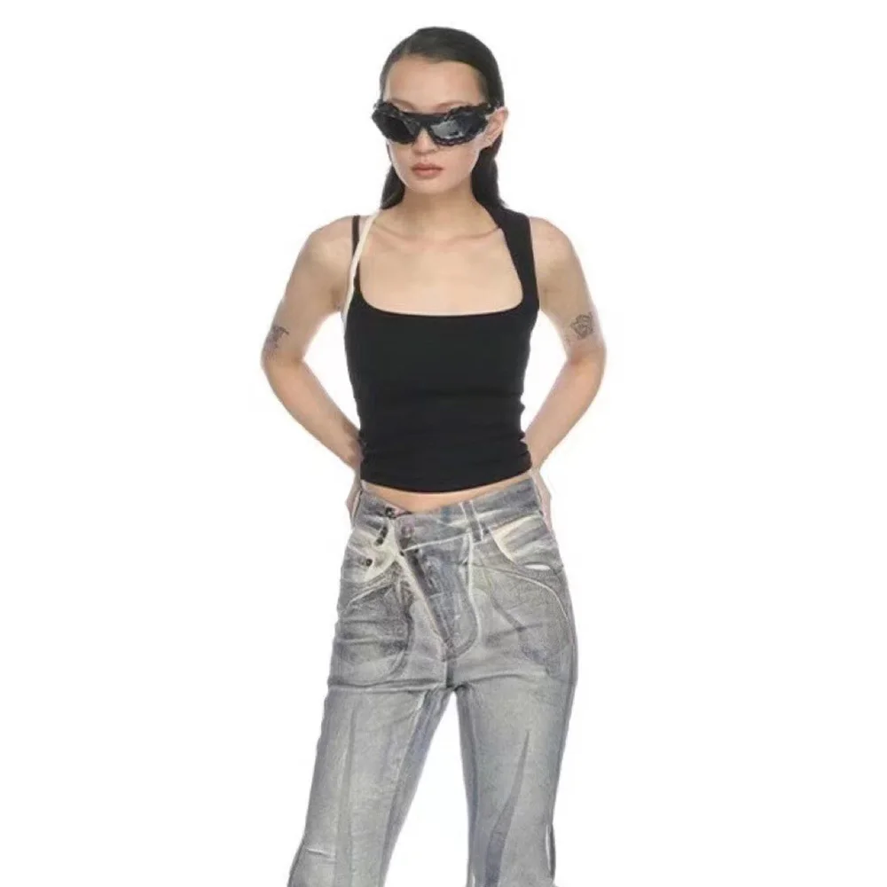 

Черно-белая женская нательная рубашка с перекрестными лямками для столкновений, простые повседневные футболки без рукавов, новинка весны ...