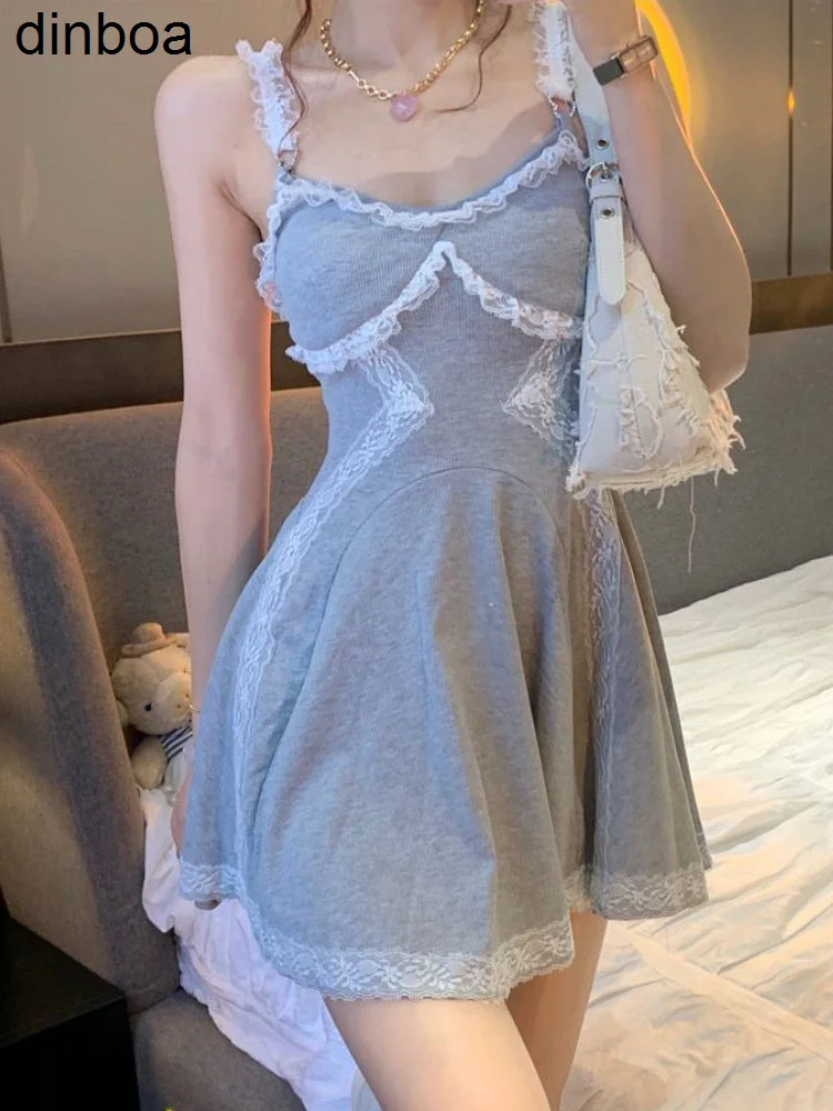 

Elegant Sexy Strap Dress Women Summer Patchwork Party Mini Dresses Female Beach Lace High Waist Korean Fashion Dresses 2022 New