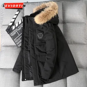 Imported Fashion Cargo Men's White Duck Down Jacket With Fur Collar -30Degrees Men Casual Waterproof Down Win