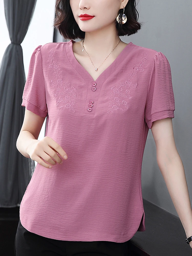 

New Button Up Top For Women T Shirt Korean Fashion Woman Clothing V-Neck Poleras Mujer Short Sleeve Tshirt 2022 Summer T-shirts
