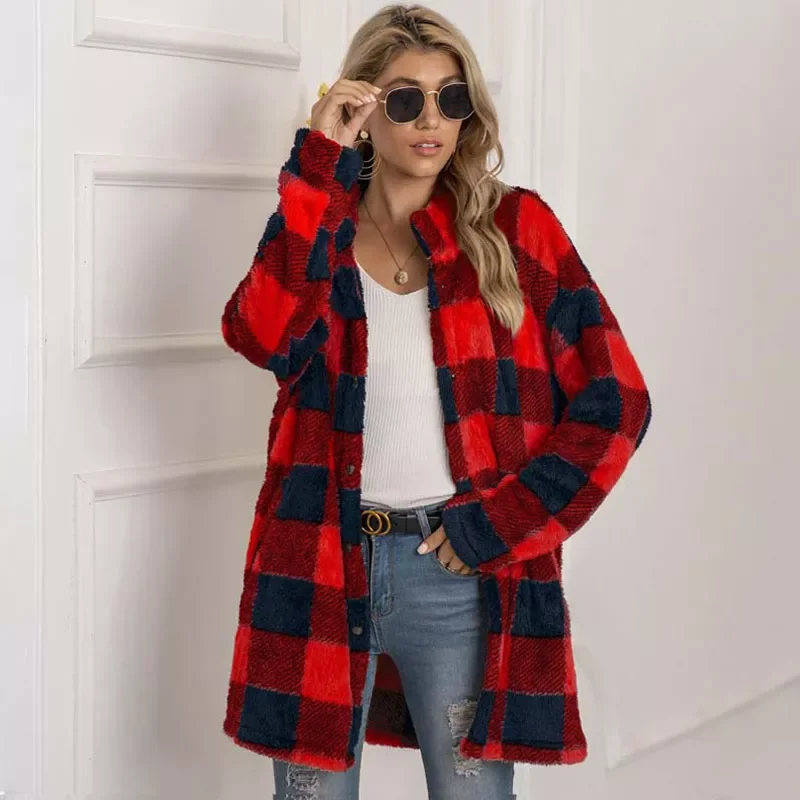New2022 Long Faux Fur Coat Women Plaid Jacket Winter Coat Women Long Sleeve Fluffy Teddy Jacket Ladies Warm Plush Jacket Female