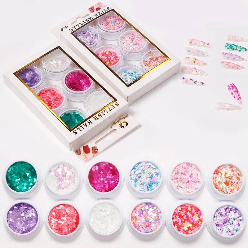

6Pcs/Set Nail 3D Decals Glitter Sequins Butterfly/Flowers Shapes Nail Paillette Stickers For Glitter Flakes Polish Tips