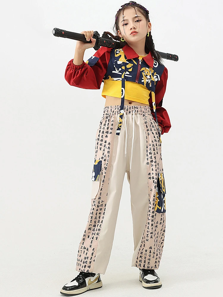 

Новый костюм для джазовых танцев в китайском стиле для девочек, Укороченное пальто, брюки цвета хаки, свободный Детский костюм для выступлений в стиле хип-хоп BL9635