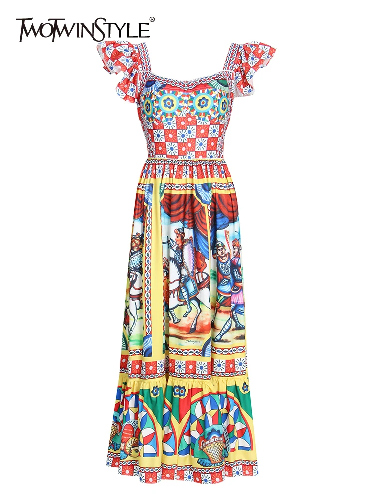 

TWOTWINSTYLE Bohemian Print Dress For Women Butterfly Sleeve High Waist Casual Midi Dresses Female Summer Fashion Clothing Style