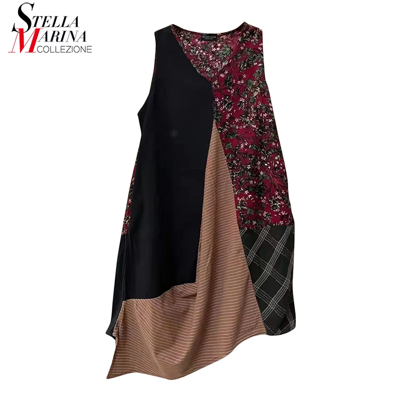 

Casual Sundress Style Hit Color Patchwork Plaid Part Joined New Summer Woman Sleeveless Irregular Print Sun Dress Vestidos XY011