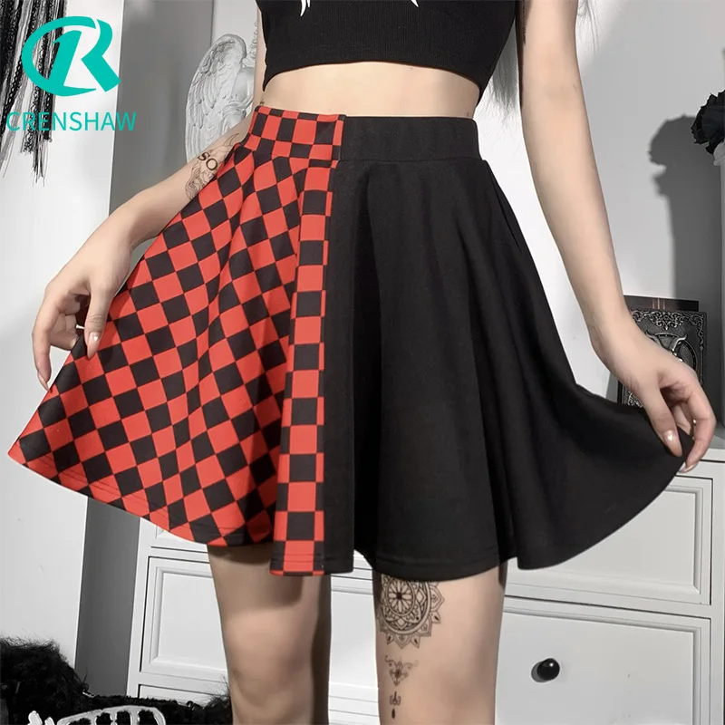

CRENSHAW Harajuku Punk Gothic Skirt Women Y2k Vintage Plaid Patchwork High Waist Skirt Aesthteic Clubwear