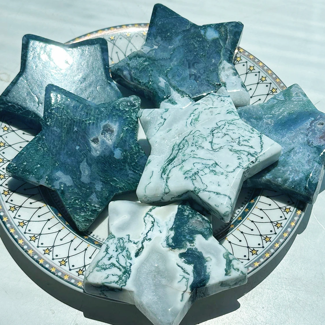 Натуральная хрустальная агатовая звезда из моха с подставкой украшение для дома