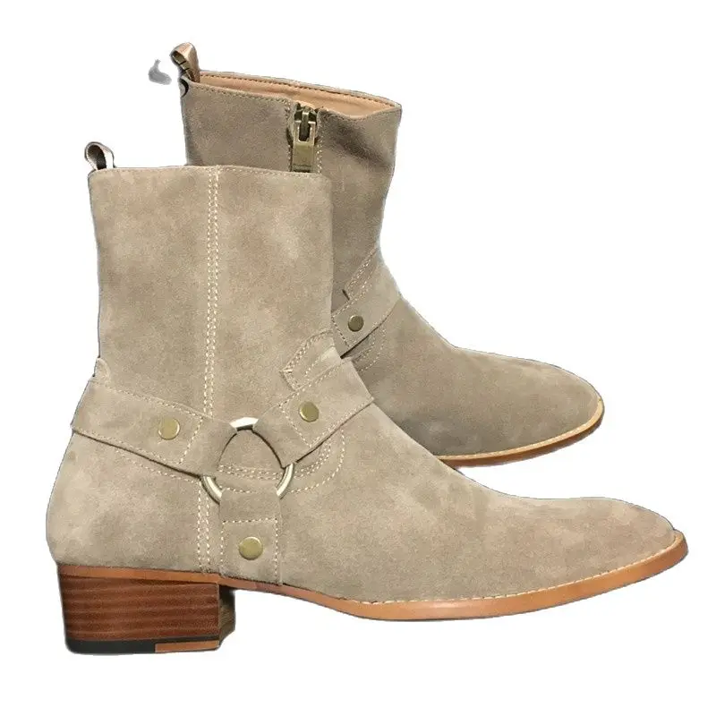 Мужские замшевые ботинки ручной работы бежевые высокие из натуральной кожи на