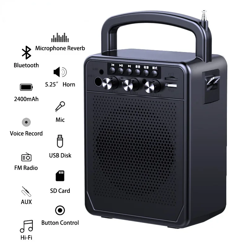 Фото Портативный Bluetooth-динамик Караоке FM-радио Басовый бумбокс Водонепроницаемые уличные USB-динамики Поддержка AUX Музыкальный сабвуфер Громкоговоритель №1