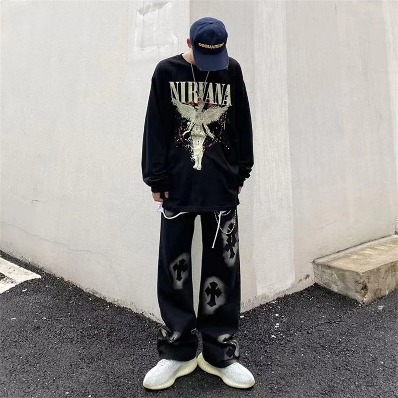 Y2K Men Vintage Streetwear Korean Black Retro Jeans High Waiste Straight Pants Denim Trousers For Women Fairy Grunge Alt Clothes