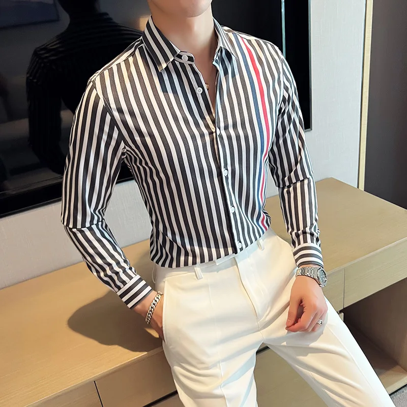 

2023 New Men's Fashion Gentleman Senior Sense Korean Version Trend Slim Striped Personality Casual Professional Handsome Shirt
